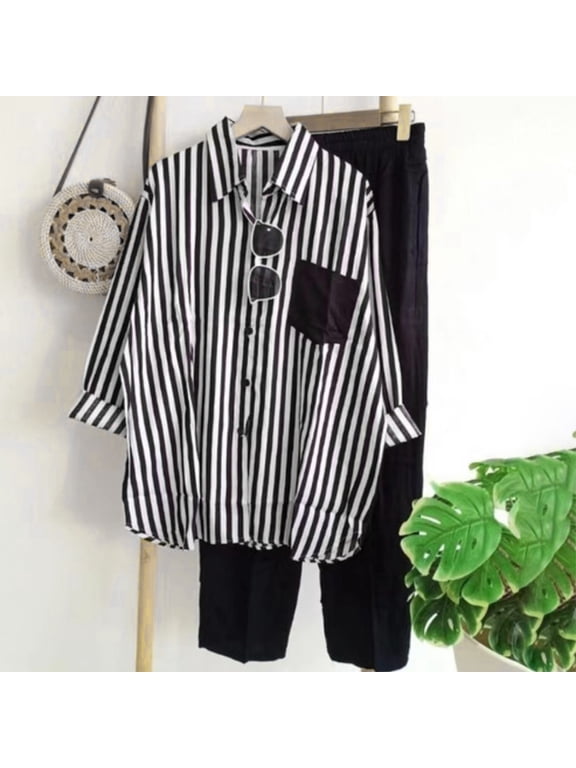 Raglan Two Piece Summer Sets for Women Striped Set Chinos Plus Size Sets Full Length Long Sleeve Wide-Leg Black Collared Womens Outfit Sets,L