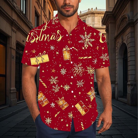 Muscularfit Red Tops Funny Casual Christmas Mens T Shirts Short Sleeve Collared Button Up Big & Tall Y2K Shirts,XXXXL