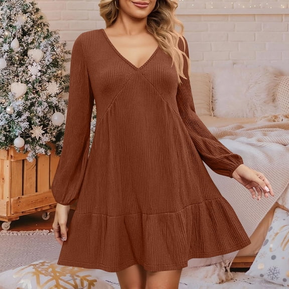 Muscularfit Ribbed Womens Spring Dresses Elegant Casual Ruffle Long Sleeve Popover Midi V-Neck Womens Fall Dresses 2026