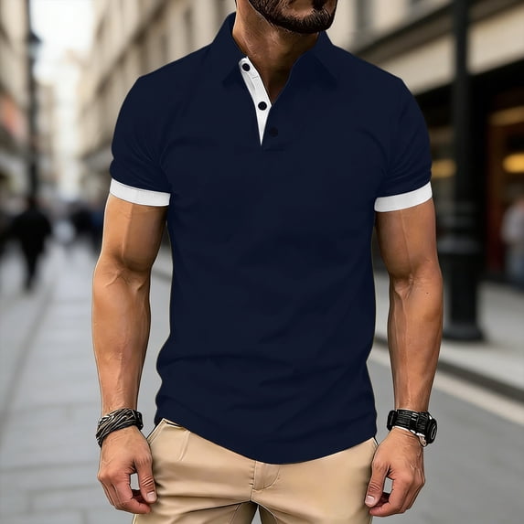 Muscularfit Ringer T Shirt Men Polo Shirts Button Down Oversized Undershirt Collared Blue Short Sleeve Summer Shirt,XXL
