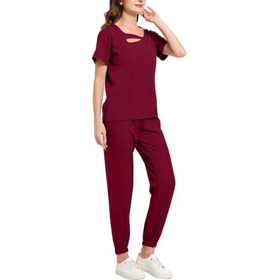 Muscularfit Scrubs for Women Set Matching Set Summer Work Sets Pleated Shirt Set Crew Neck Red Short Sleeve Going Out Sets