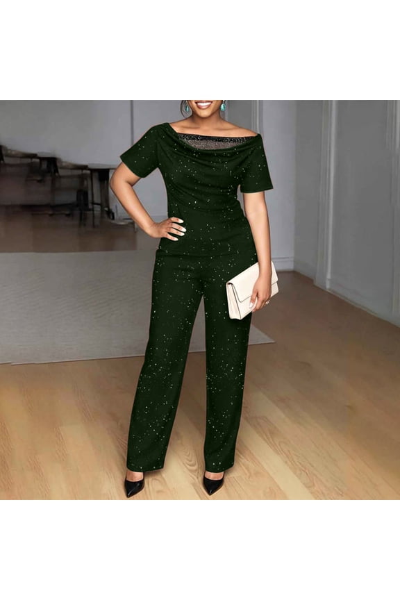 Sequin Set Womens 2 Piece Sets Summer Plus Size Sets Pleated Set Short Sleeve Slim Straight Green Boat Neck Full Length Womens Shorts Sets,S