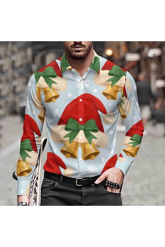 Shirt Festival Santa Button Up Christmas Mens Dress Shirt Long Sleeve Collared Mens T Shirts Graphic,M