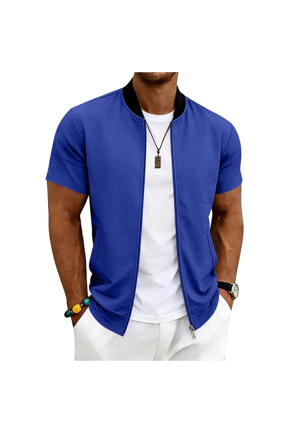 Shirts for Men Workout Shirts Athletic Shirts Zip-Up Baggy Shirts Short Sleeve Mock Neck Blue Mens Summer Shirts,XL