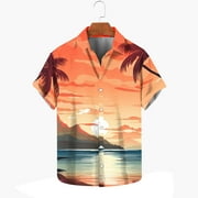 Muscularfit Short Sleeve Workout Tops for Men Orange Collared Hawaiian Graphic Casual Button Down Shirts Mens Shirts Clearance