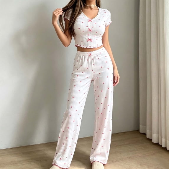 Muscularfit Sleepwear Sets Womens Pjs Bamboo Pajamas Sexy Pajamas Pajamas Crew Neck Pink Short Sleeve Straight-Leg Full Soft Pajama Set for Women,L