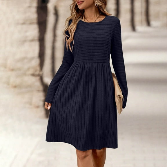 Muscularfit Smocked Dresses for Women Slim Classy Fitted Midi Crew Neck Fit & Flare Long Sleeve Fashion Clothes