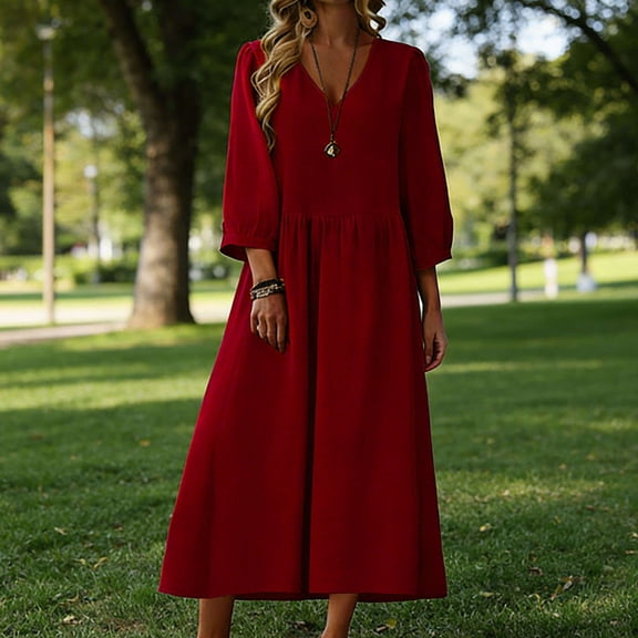 Muscularfit Loose Ladies Dresses Smocked Dress Midi V-Neck 3/4 Sleeve Dress Trendy