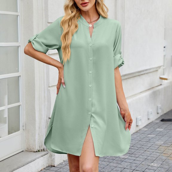 Muscularfit Spring Dresses Loose Button Casual Elbow-Length Shirt Dress Mini V-Neck Women's Dress 2026