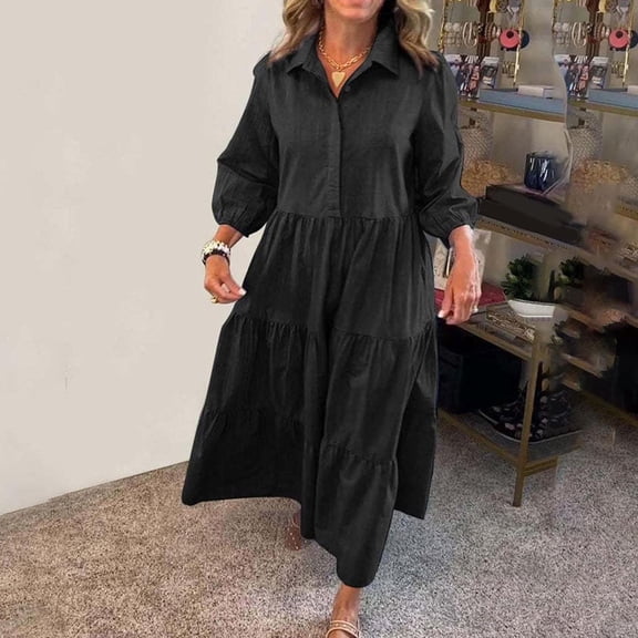 Muscularfit Spring Dresses Loose Button Smocked Casual Maxi V-Neck Long Sleeve Shirt Dress Women's Winter Dresses 2026