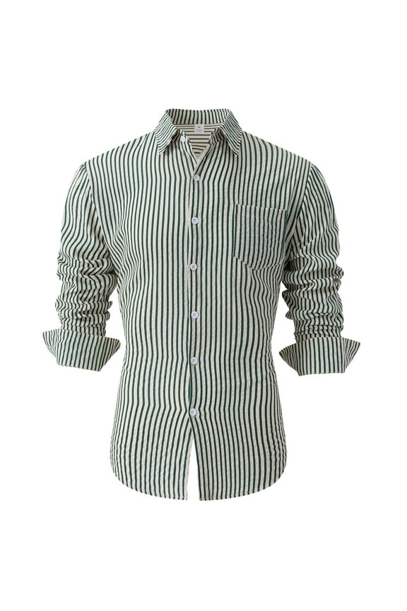 Striped Dress Shirts for Men French Cuff Pocket Green Dressy Tops Long Sleeve Collared T-Shirt Teacher Tshirts,M
