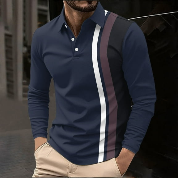 Muscularfit Striped Polo Shirts Navy Blue Polyester Oversized Mens Shirts Collared Long Sleeve Shirts Men's Shirts,XXXL