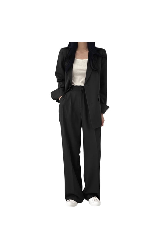 Summer Matching Set Work Womens Suits Cocoon Business Sets Black Long Sleeve Collared Chinos Womens Sets