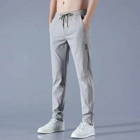 Muscularfit Summer Pants for Men Silk Track Gray Streetwear Straight-Leg Full Flat Front Slim Tech Pants Men,L
