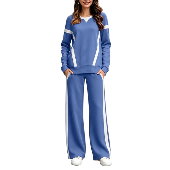 Muscularfit Summer Set Athletic Clothing Sets Palazzo Gym Sets Woman Sets Full Length Blue Wide-Leg Long Sleeve Crew Neck Womens Sets,XL