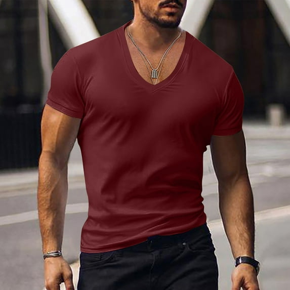 Muscularfit Summer Shirts for Men Short Sleeve Red Slim-Fit V-Neck Solid T Shirt Tops for Men 2024 Trendy