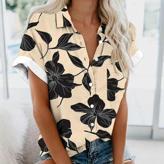 Muscularfit Summer Tops for Women Multi-Color Short Sleeve Dressy Floral Button Up Collared Blouses Ladies Shirts,XXL