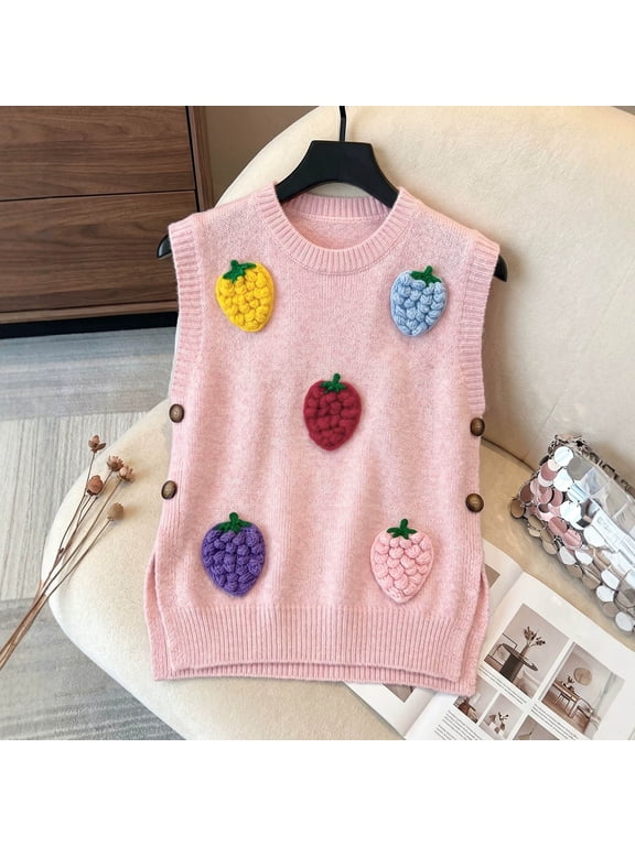Sweater Vest Women Sweaters for Women Stockinette Pull-On Cocoon Cute Sweaters Crew Neck Sleeveless Pink Knit Sweater for Women S