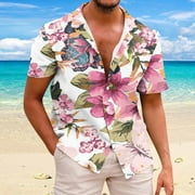 Muscularfit Tops for Men 2024 Trendy Pink Short Sleeve Collared Graphic Hawaiian Casual Button Down Shirts Compression Shirts for Men