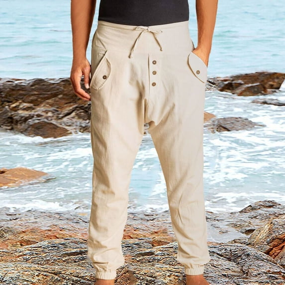 Muscularfit Travel Pants Pants for Men Cotton Linen with Pockets Joggers Mens Pants Casual Taper Beige High Rise Classic Fit Size L
