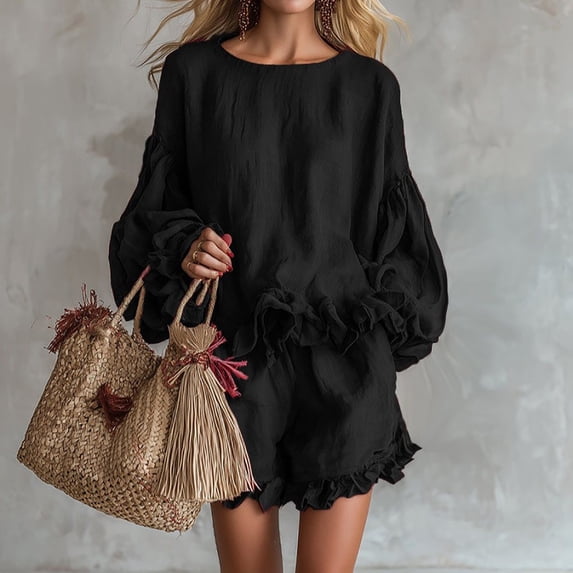 Muscularfit Travel Set 2 Piece Sets for Women Going Out Vacation Sets Pleated Flounce Sets Full Length Long Sleeve Crew Neck Black Casual Sets for Women,XL