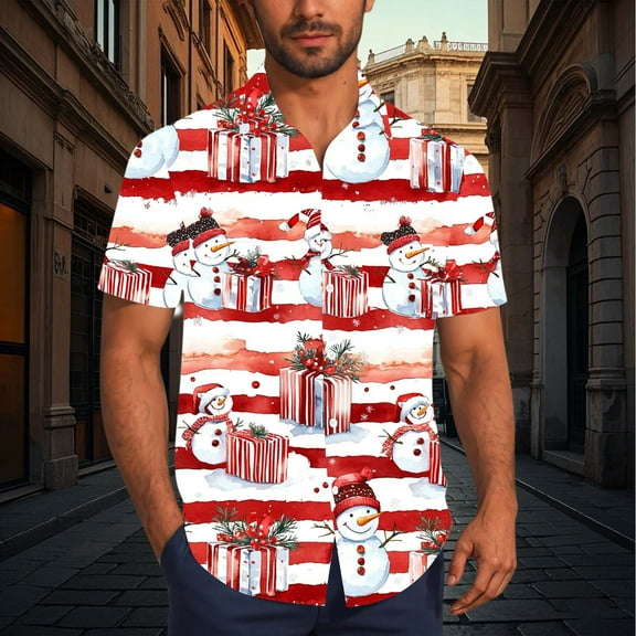 Muscularfit Tshirt Christmas Funny Red Striped Plus Size Shirts Button Up Short Sleeve Collared Work Shirts for Men,XXL