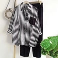 thumbnail image 1 of Muscularfit Two Piece Summer Sets for Women Raglan Plus Size Sets Chinos Striped Set Full Length Long Sleeve Wide-Leg Black Collared Womens Shorts Set,XL, 1 of 6