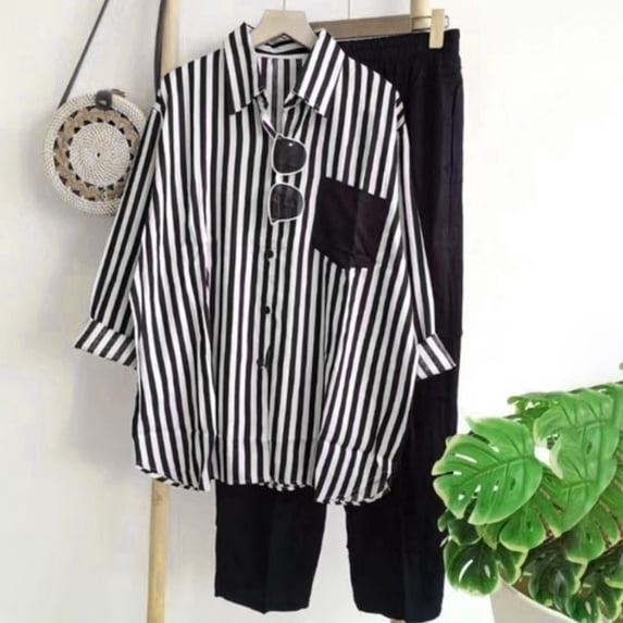 Muscularfit Two Piece Summer Sets for Women Raglan Plus Size Sets Chinos Striped Set Full Length Long Sleeve Wide-Leg Black Collared Womens Shorts Set,XL