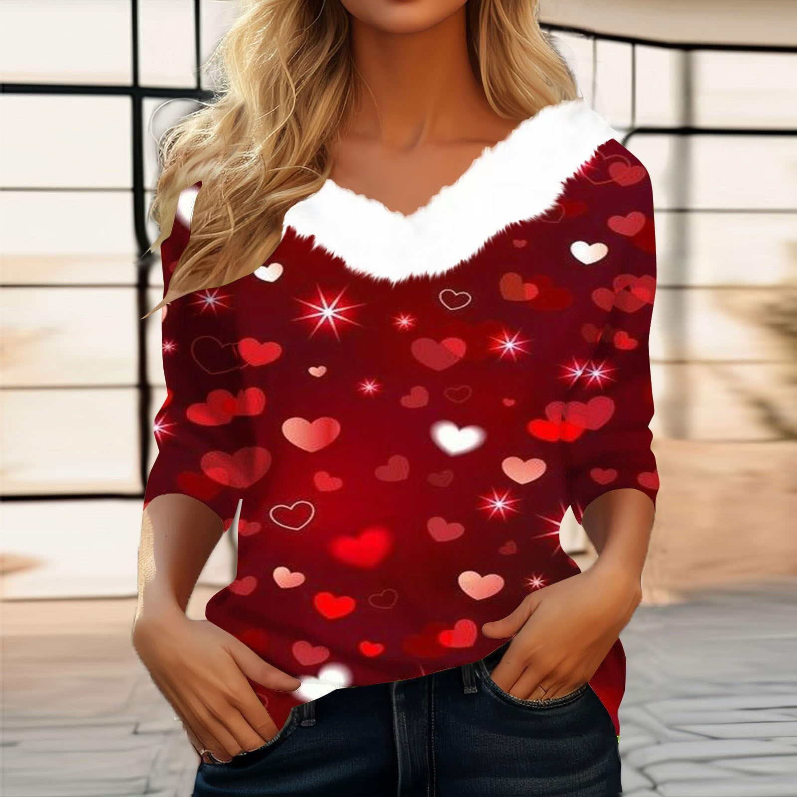 Muscularfit Valentine Holiday Tops for Women 2024 3/4 Sleeve Red Slim