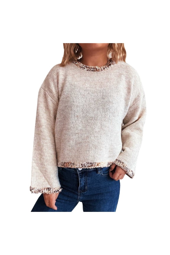 Waffle Knit Tops Womens Sweater Raglan Stockinette Crochet Sweater Pull-On Crew Neck Beige Long Sleeve Knit Sweater for Women S