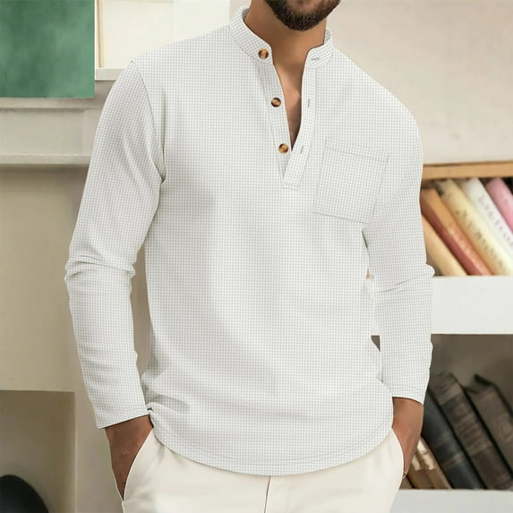 Muscularfit Waffle T Shirts White Plain Pocket Birthday Shirt Henley Pullover Long Sleeve Mens Athletic Shirts,XXL