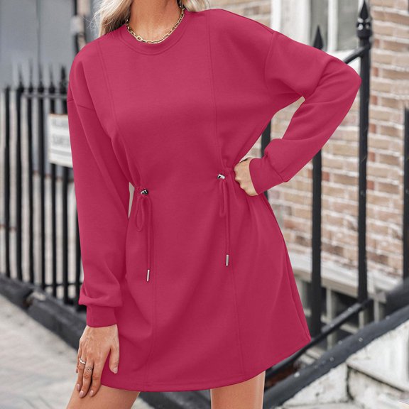 Muscularfit Waist Women Casual Loose Going Out Popover Midi Crew Neck Long Sleeve Dress Trendy