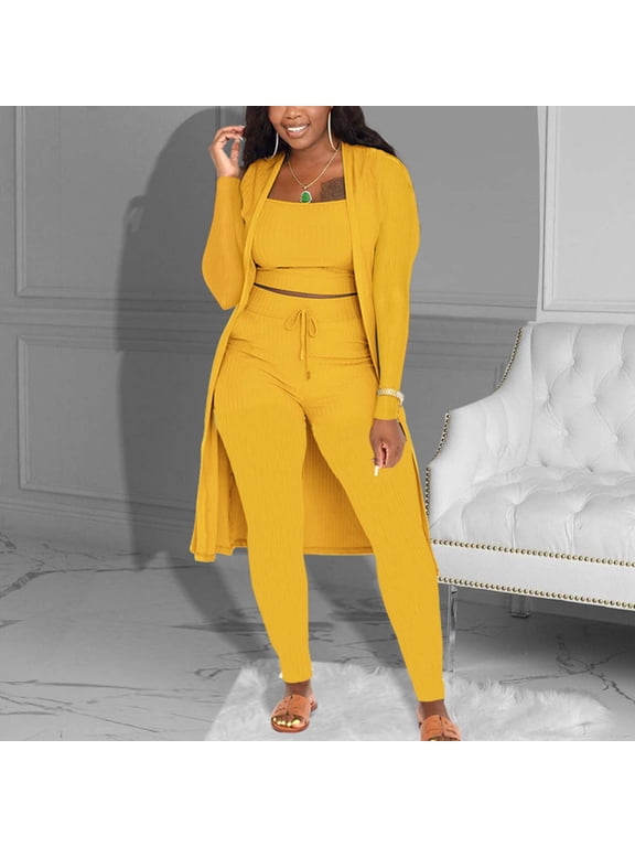 Winter Clothes Women 2 Piece Outfits Sets Summer for Curvy Women Set Legging Sets Long Sleeve Yellow Crew Neck Womens Sets