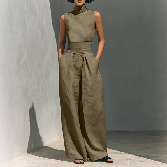 Muscularfit Women Sets 2 Piece Outfits Comfy Sets Womens Linen Set Palazzo Sets High Neck Brown Full Length Sleeveless Wide-Leg Outfit Sets for Women,L