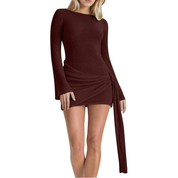 Muscularfit Knitted Spring Dress Sexy Fitted Bodycon Mini Long Sleeve Boat Neck Holiday Dress