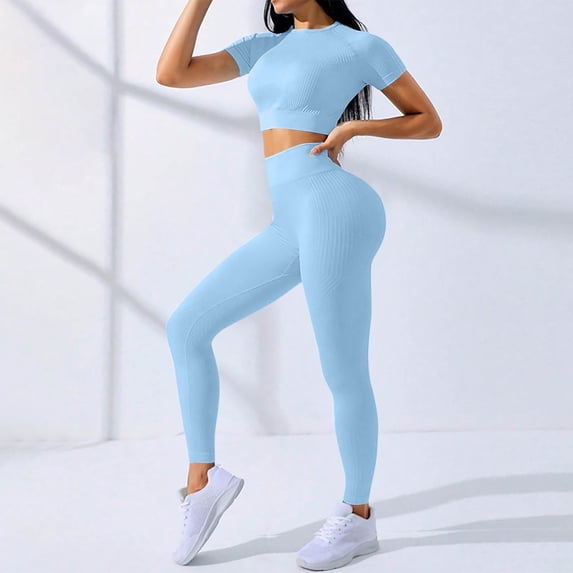 Muscularfit Womens 2 Piece Sets Summer Pullover Athletic Gym Yoga Set Crew Neck Blue Legging Short Sleeve Women Short Sets