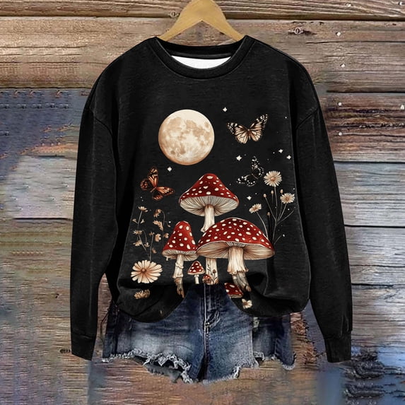 Muscularfit Womens Fall Tops Oversized Mushroom T-shirts Pullover Crew Neck Long Sleeve Tops Casual