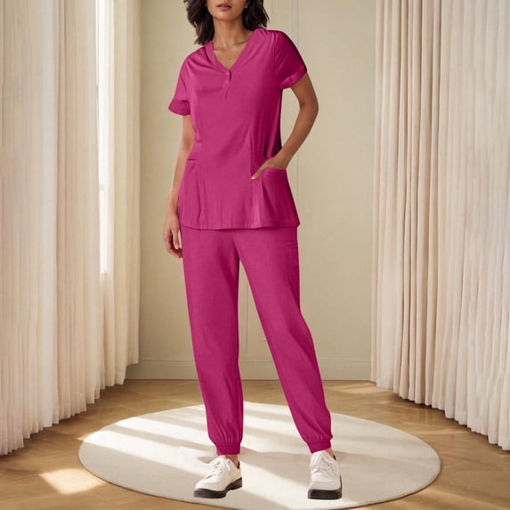 Muscularfit Womens Matching Set Shirt Womens Scrub Sets Pleated Work Sets Set Pink Short Sleeve V-Neck Women Outfits Sets