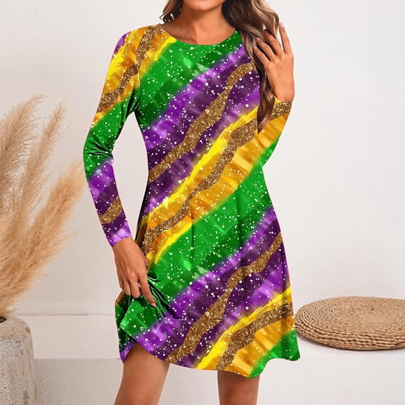 Muscularfit Fitted Spring Dress Stripe Carnival Dresses Crew Neck Mini Long Sleeve Fashion Dress Trendy