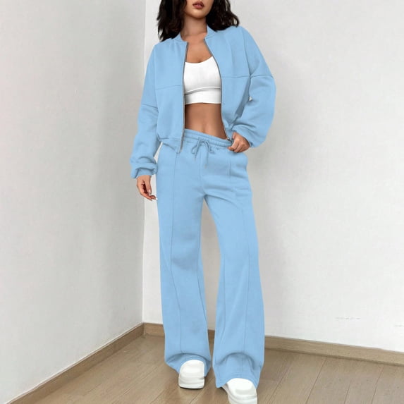 Muscularfit Womens Two Piece Sets Summer Zip-Up Gym Active Wear Plus Size Sets Palazzo Henley Blue Long Sleeve Casual Sets for Women