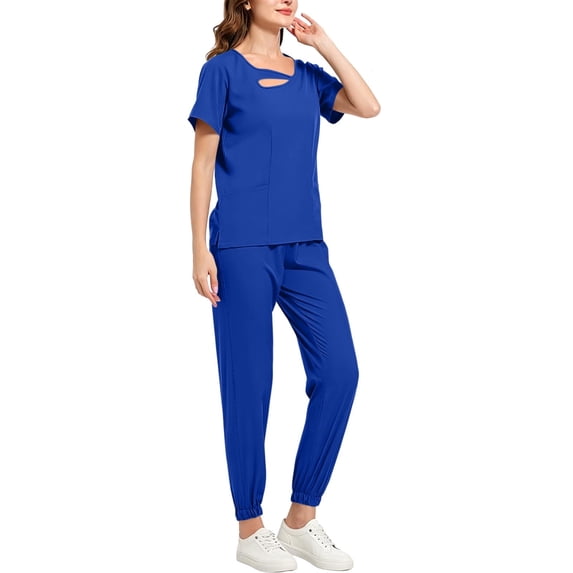 Muscularfit Work Sets Matching Set Scrubs for Women Set Shirt Pleated Set Blue Crew Neck Short Sleeve Sets for Women