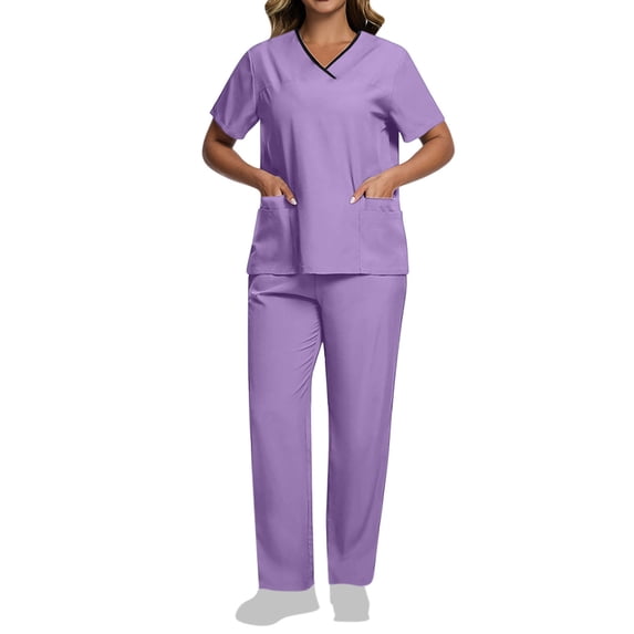 Muscularfit Work Sets Summer Two Piece Sets Shirt Pleated Womens Scrubs Set Sets Short Sleeve V-Neck Purple Outfit Sets for Women