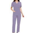 thumbnail image 1 of Muscularfit Work Sets Women 2 Piece Outfits Sets Scrubs for Women Set Pleated Set Pink Full Length Short Sleeve V-Neck Slim Straight Sets for Women,L, 1 of 6