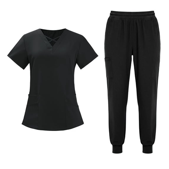 Muscularfit Work Summer Sets Pleated Scrubs Sets Pullover Comfy Sets Shirt V-Neck Short Sleeve Black 2pc Sets for Women Outfit