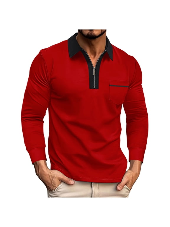 Zip Polo Shirts for Men Plain Red Pocket T-Shirt Collared Tops Pullover Long Sleeve Yoga Tops,L