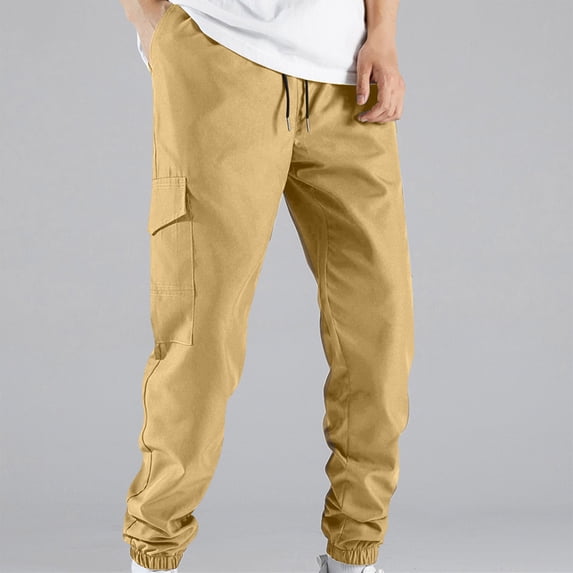 Muscularfit with Pockets Men's Pants Slim Fit Drawstring Cargo Casual Cargo Pants Low Rise Taper Yellow Mens Pants Casual Size XL