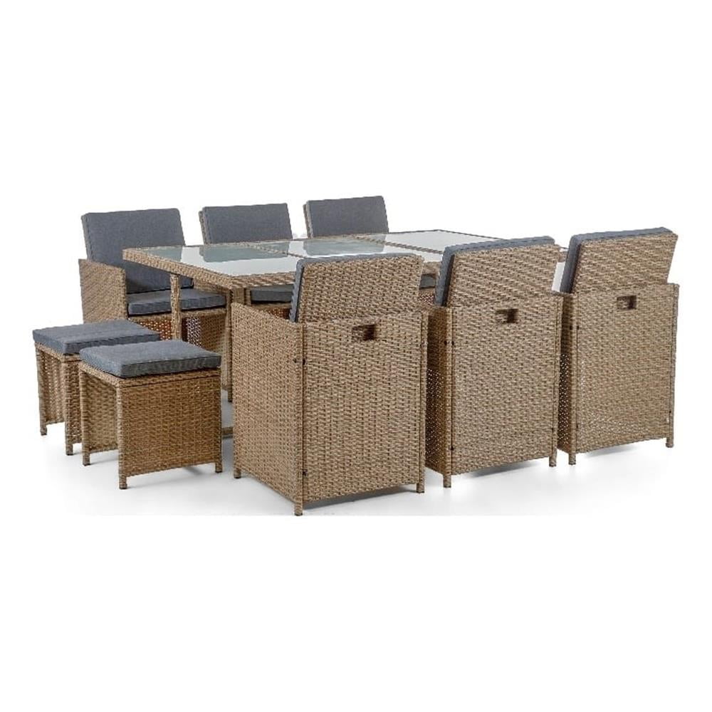 Natural Wicker 11-Piece Outdoor Dining Set with Glass Top