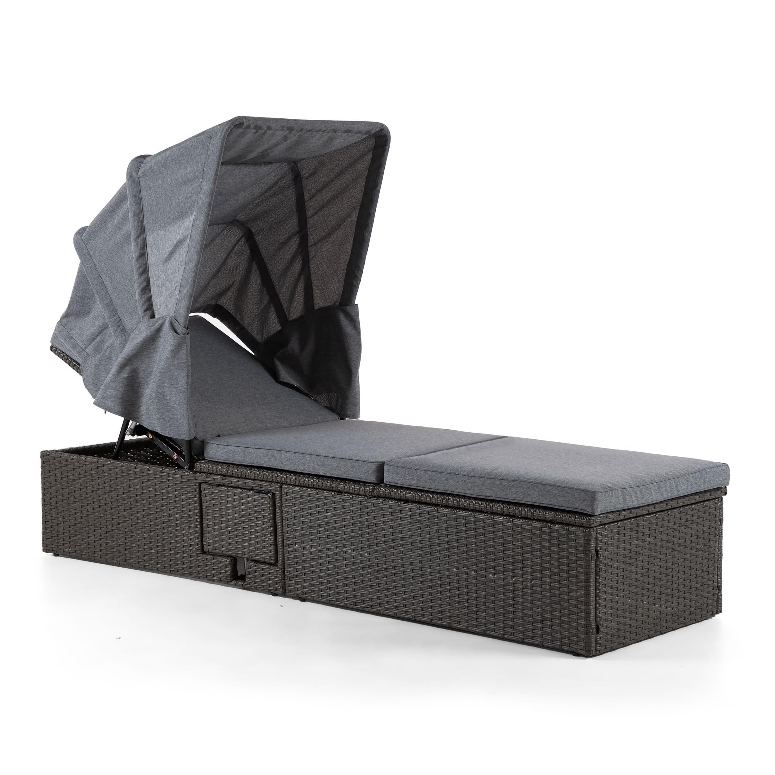 Gray PE Wicker Outdoor Patio Daybed with Retractable Sun Cover