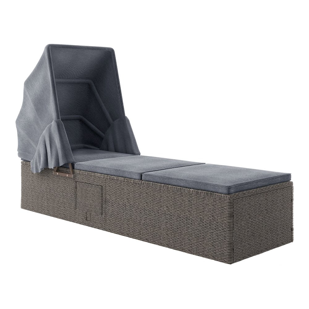Gray PE Wicker Outdoor Patio Daybed with Retractable Sun Cover
