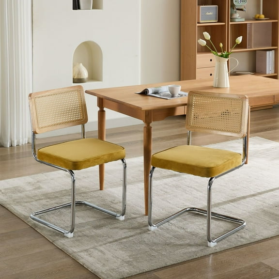 Muse Modern Upholstered Velvet Dining Chairs, Cane Rattan Back, Stainless Chrome Base, Gold, Set of 2